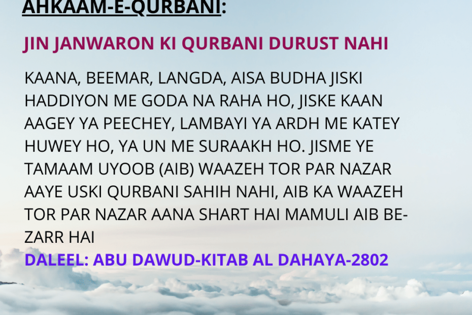 KAANA, BEEMAR, LANGDA, AISA BUDHA JISKI HADDIYON ME GODA NA RAHA HO, JISKE KAAN AAGEY YA PEECHEY, LAMBAYI YA ARDH ME KATEY HUWEY HO, YA UN ME SURAAKH HO. JISME YE TAMAAM UYOOB (AIB) WAAZEH TOR PAR NAZAR AAYE USKI QURBANI SAHIH NAHI, AIB KA WAAZEH TOR PAR NAZAR AANA SHART HAI MAMULI AIB BE-ZARR HAI DALEEL: ABU DAWUD-KITAB AL DAHAYA-2802