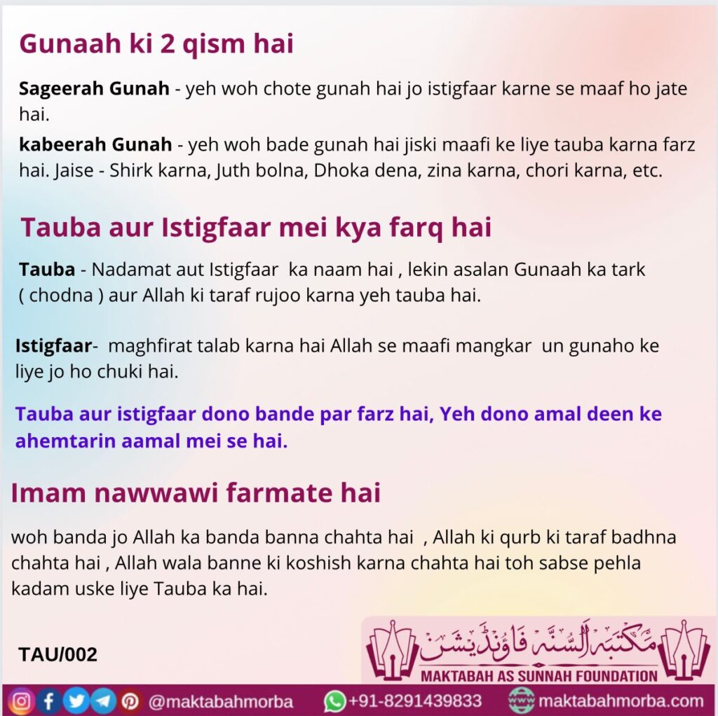Tauba aur Istigfaar me kya farq hai? – Gunah ki 2 Qism